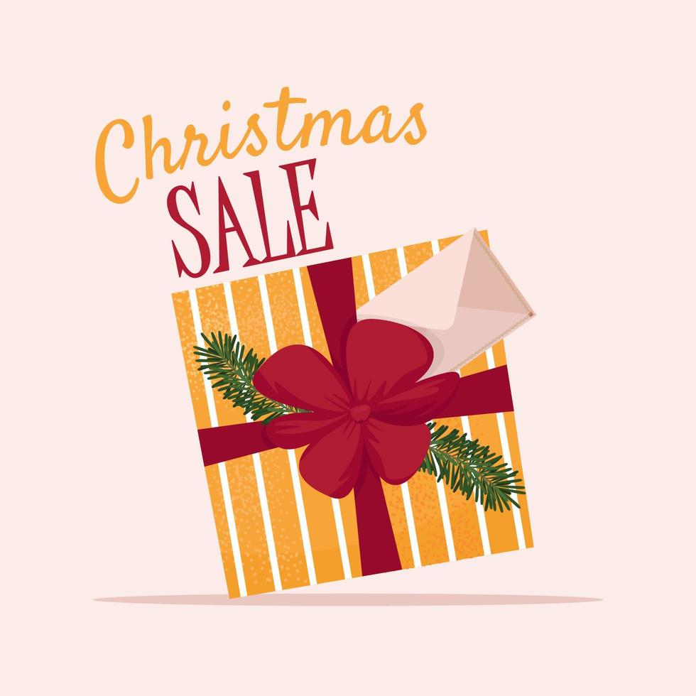 Christmas sale banner with gift box. Cute vector illustration in flat style