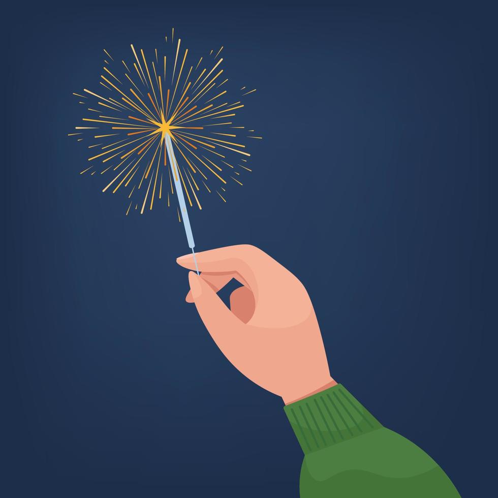 Hand holds a sparkler. Cute vector illustration in flat style for Merry Christmas, New Year or Happy Birthday greeting card or banner, flyer