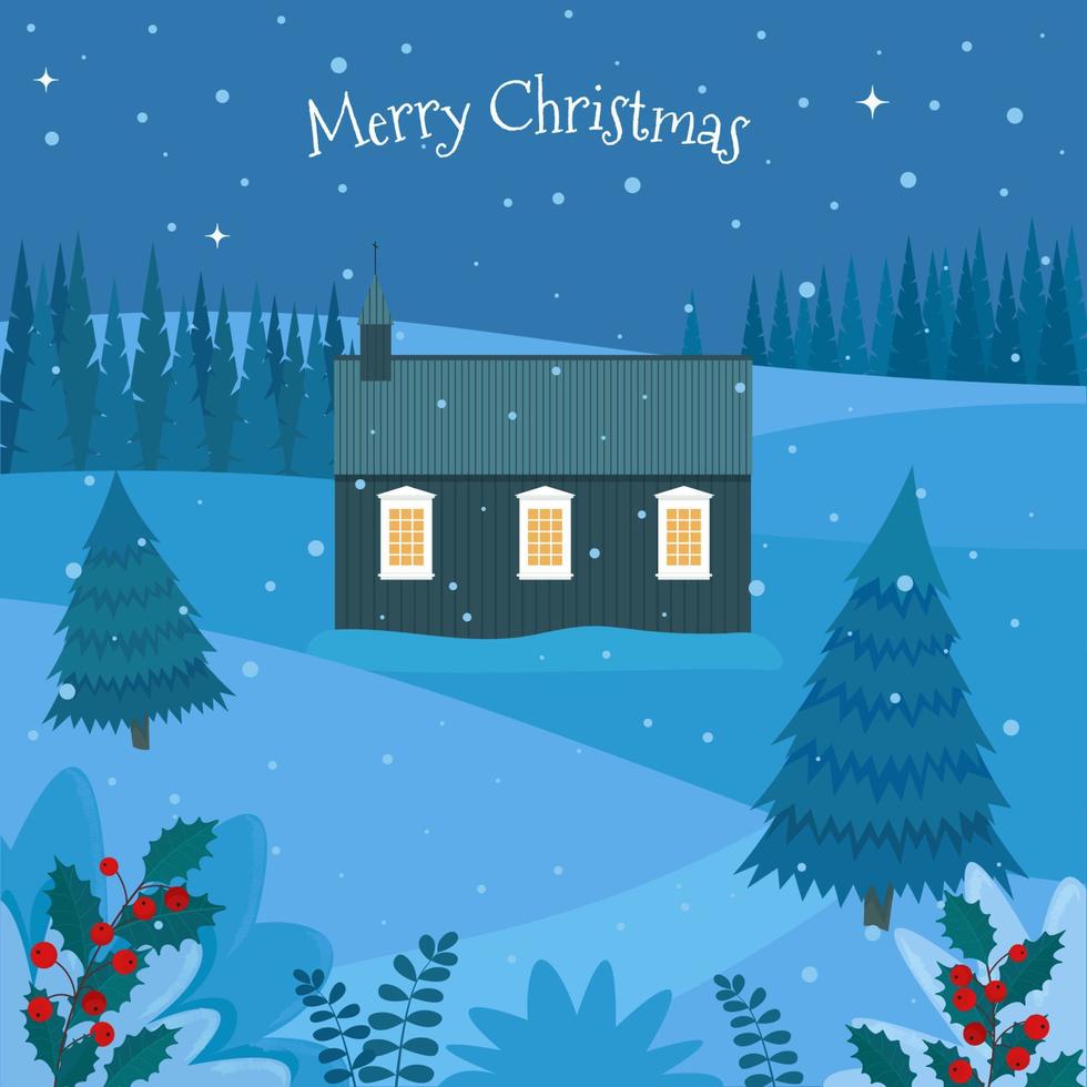 Winter landscape with old Christian Church Building. Christmas night. Vector illustration in flat style