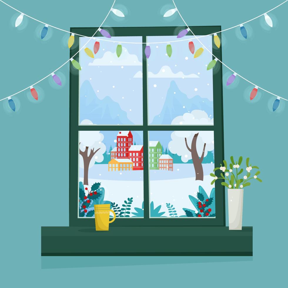 Christmas window with winter landscape. Banner, poster or greeting card template. Vector illustration in flat style