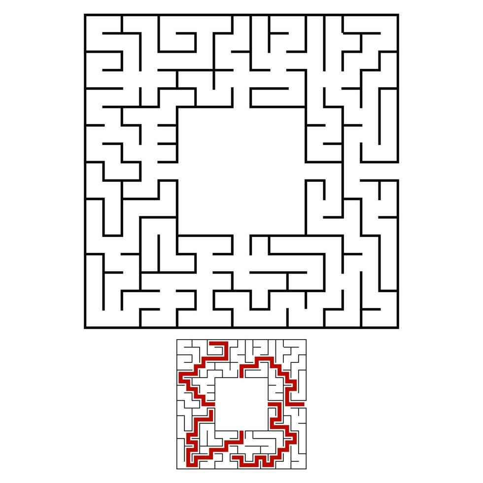 Black square maze with entrance and exit. An interesting and useful game for children. Simple flat vector illustration isolated on white background. With a place for your drawings. With the answer.