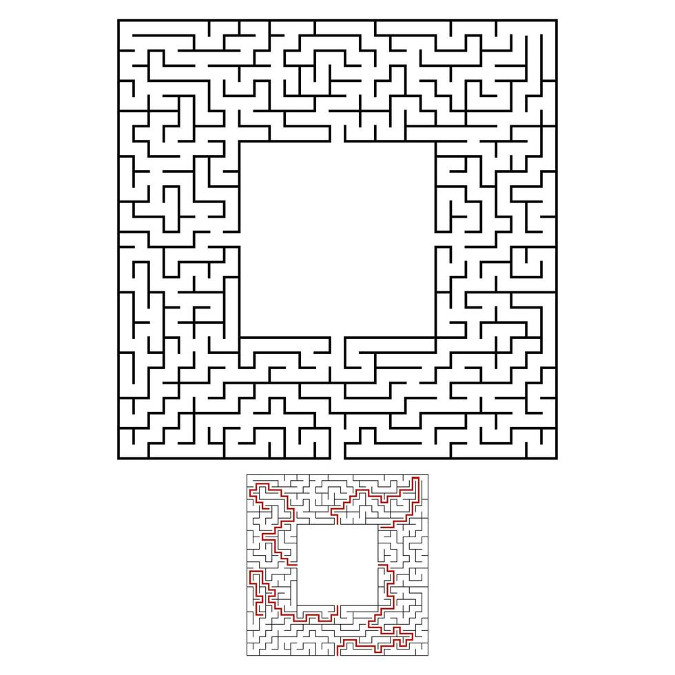 Black square maze with entrance and exit. An interesting and useful game for children. Simple flat vector illustration isolated on white background. With a place for your drawings. With the answer.