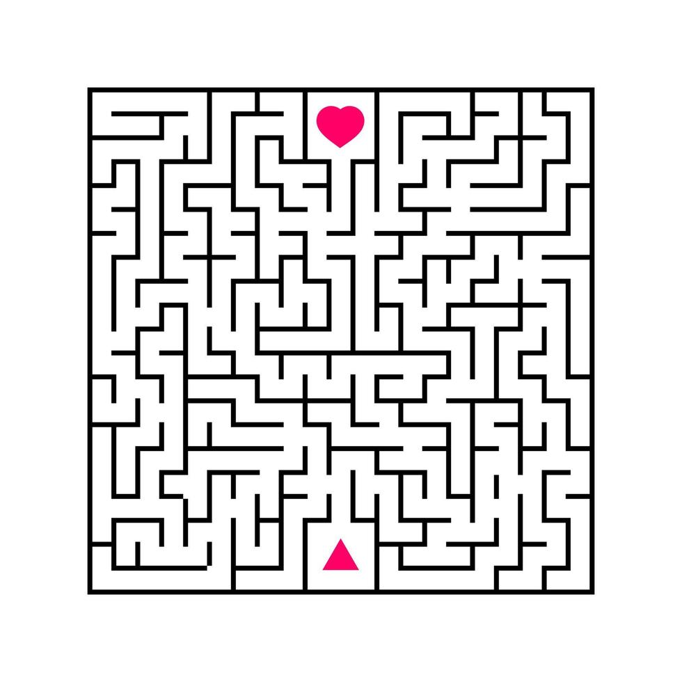 Abstract square maze. An interesting and useful game for children. Find the path from arrow to heart. Simple flat vector illustration isolated on white background.
