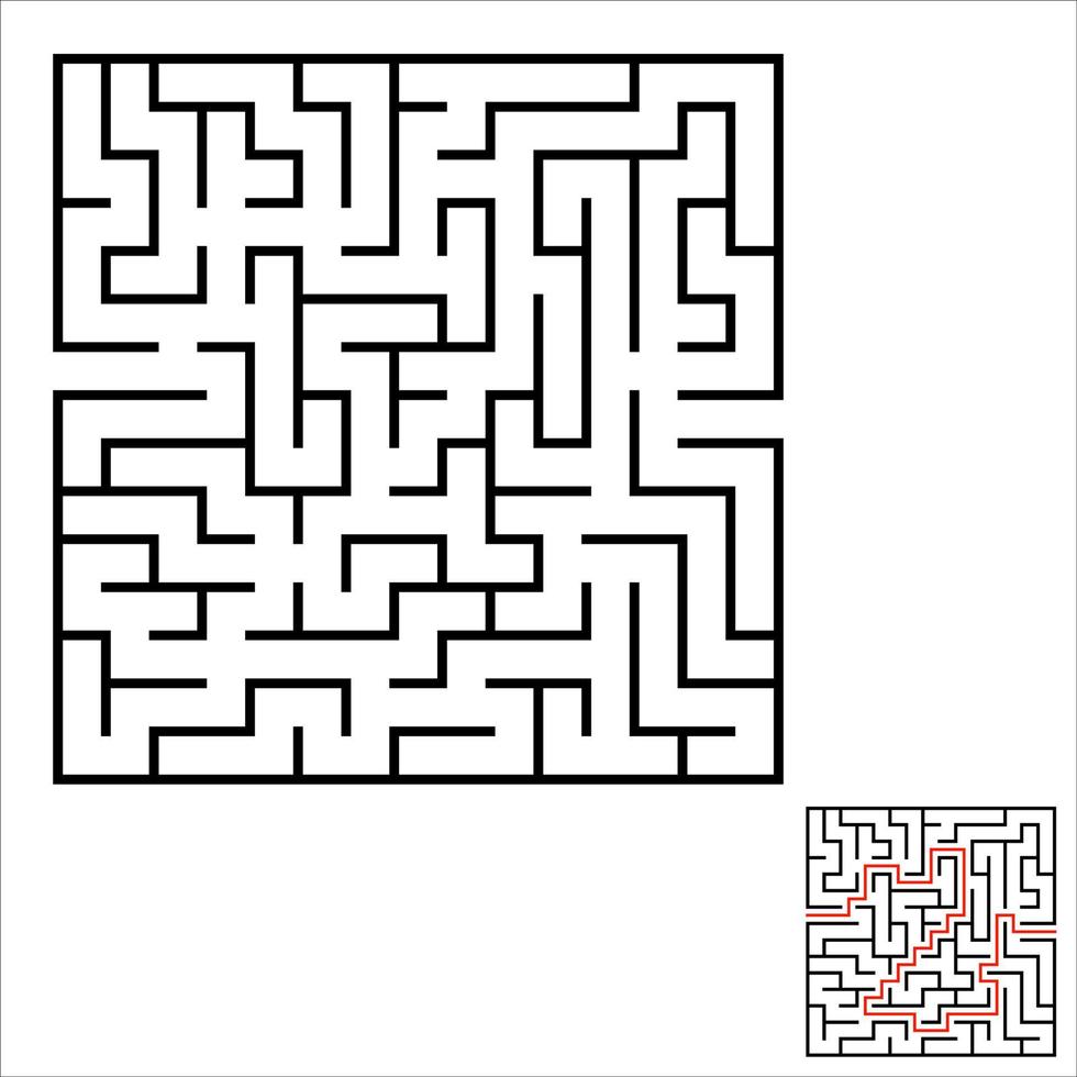 Abstract square maze. An interesting and useful game for kids. Children's puzzle. Labyrinth conundrum. Simple flat vector illustration isolated on color background. With the answer.