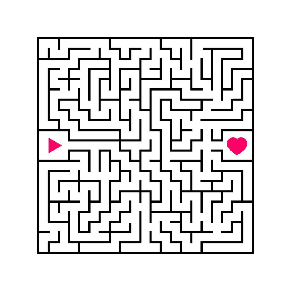 Abstract square maze. An interesting and useful game for children. Find the path from arrow to heart. Simple flat vector illustration isolated on white background.