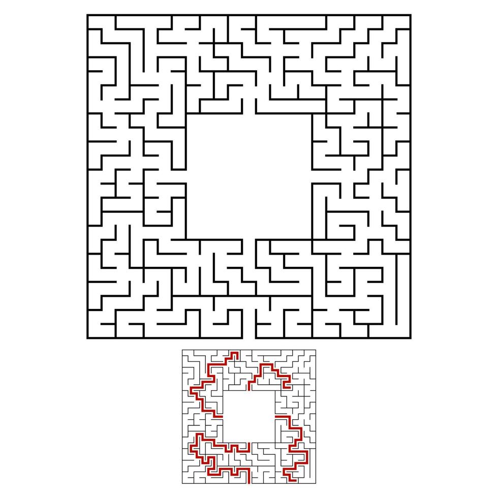 Black square maze with entrance and exit. An interesting and useful game for children. Simple flat vector illustration isolated on white background. With a place for your drawings. With the answer.