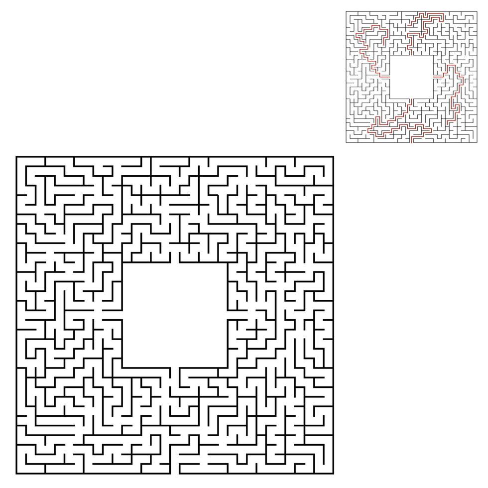 Black square maze with entrance and exit. An interesting and useful game for children. Simple flat vector illustration isolated on white background. With a place for your drawings. With the answer.