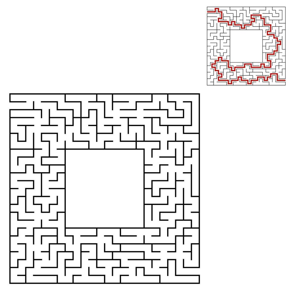 Black square maze with entrance and exit. An interesting and useful game for children. Simple flat vector illustration isolated on white background. With a place for your drawings. With the answer.