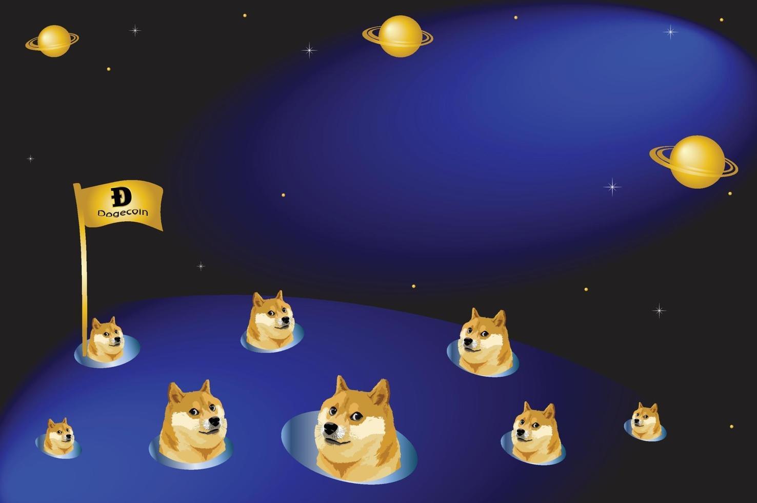 Doge to the moon, Dogecoin flag on the moon with dark background vector