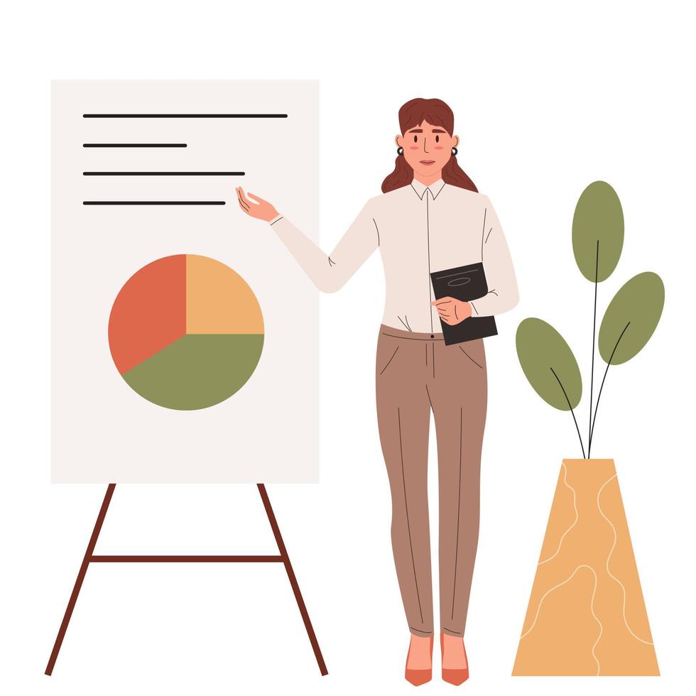 Young business woman with a presentation screen.Business lady or company worker. vector