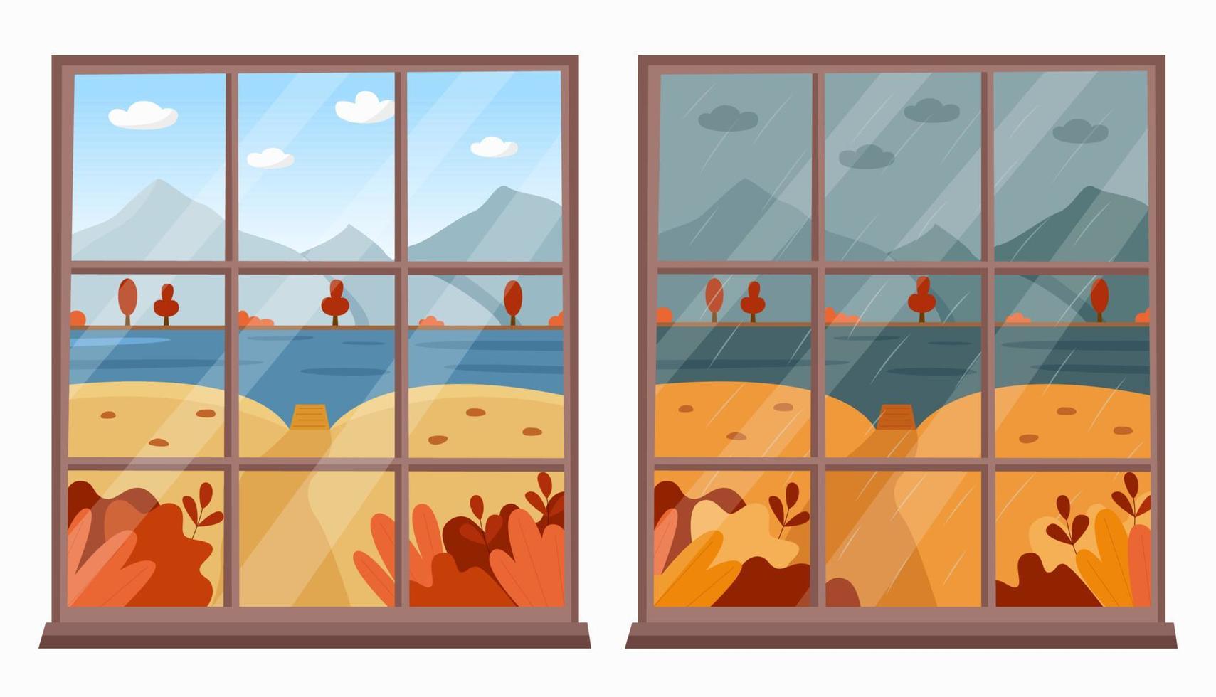 concepto de vista de ventana de clima claro y lluvioso vector