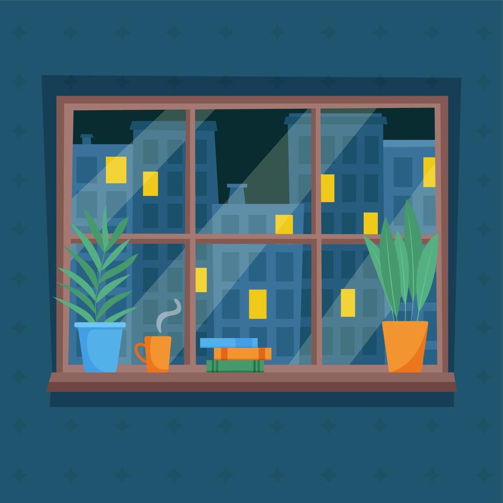 Night view of city from window. Lights in windows. vector