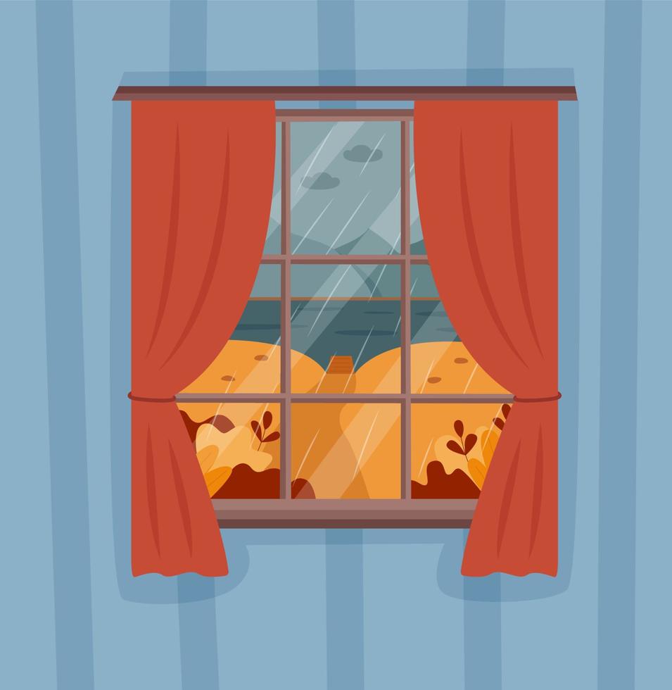 Autumn rainy landscape view from window vector