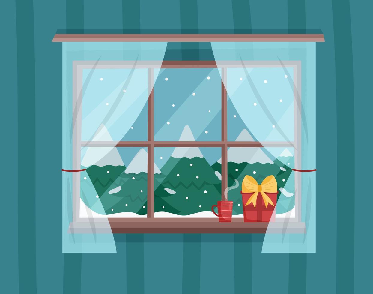 vista de la ventana de invierno con árboles de navidad nevados vector