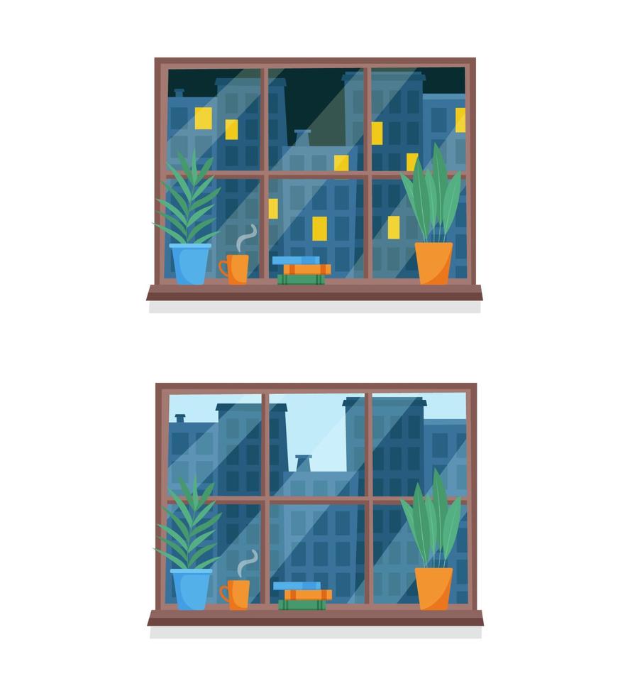 Time of day from window. City day and night concept vector