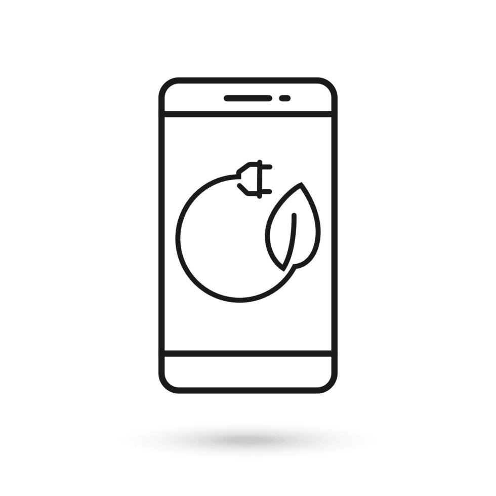 Mobile phone flat design icon with electric plug and leaf sign. vector