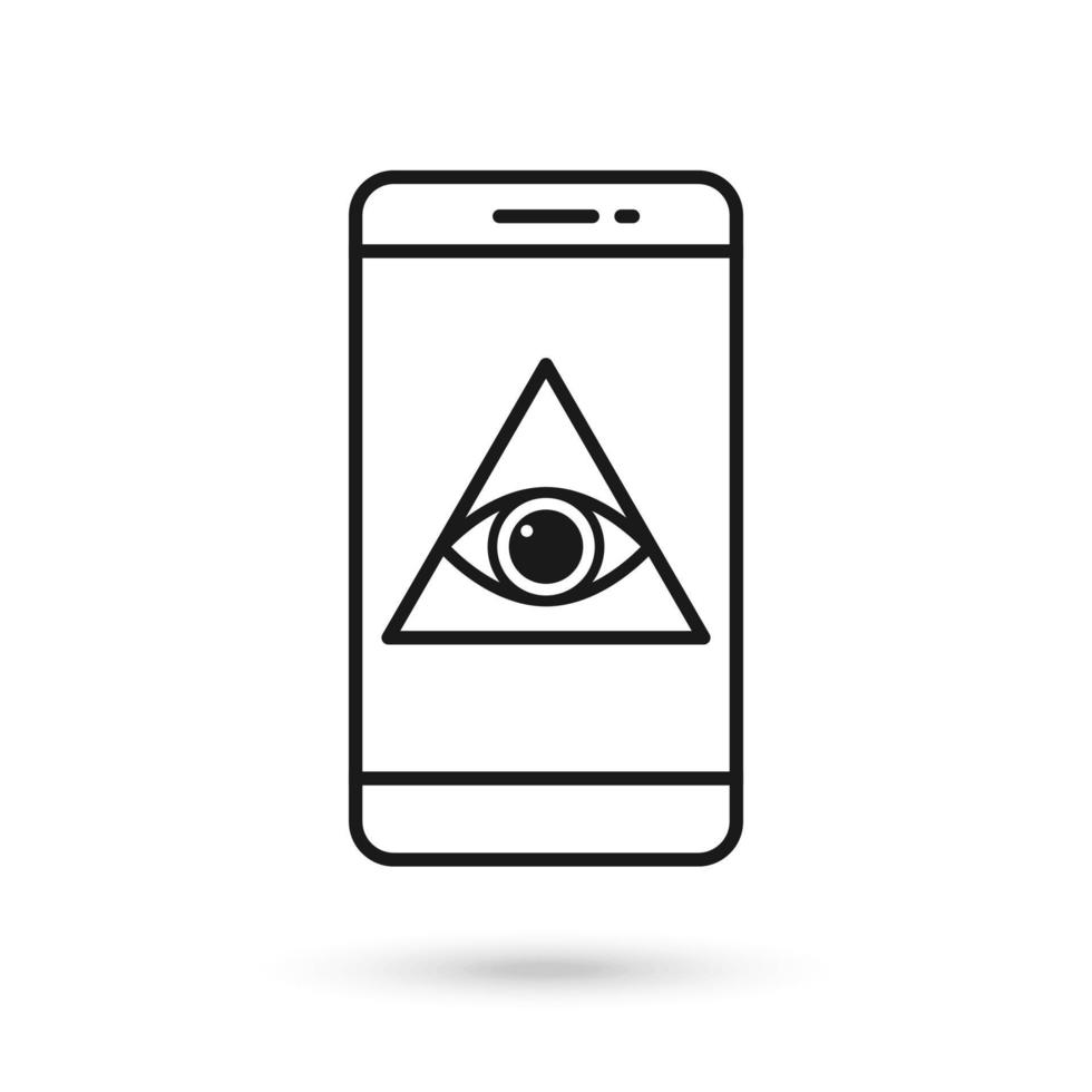 Mobile phone flat design icon with All Seeing Eye Pyramid symbol vector