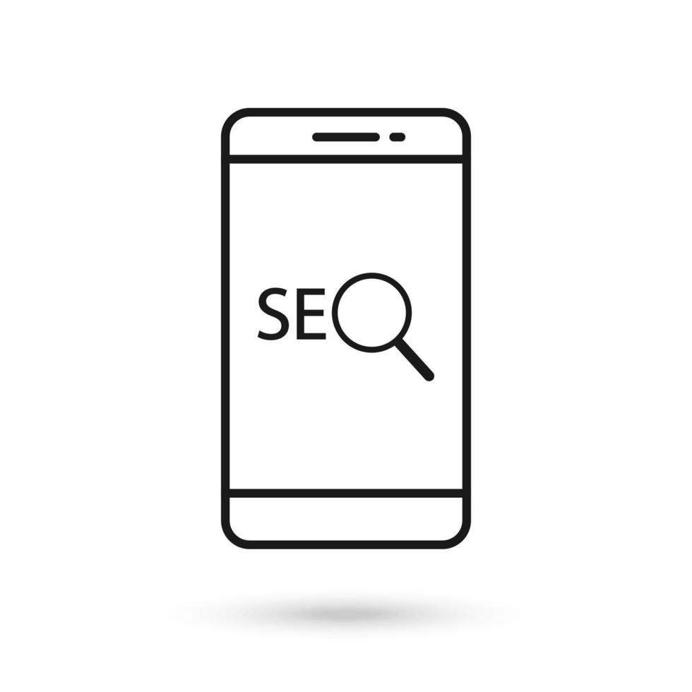 icono de diseño plano de teléfono móvil con seo, signo de algoritmo de optimización de motor de búsqueda. vector