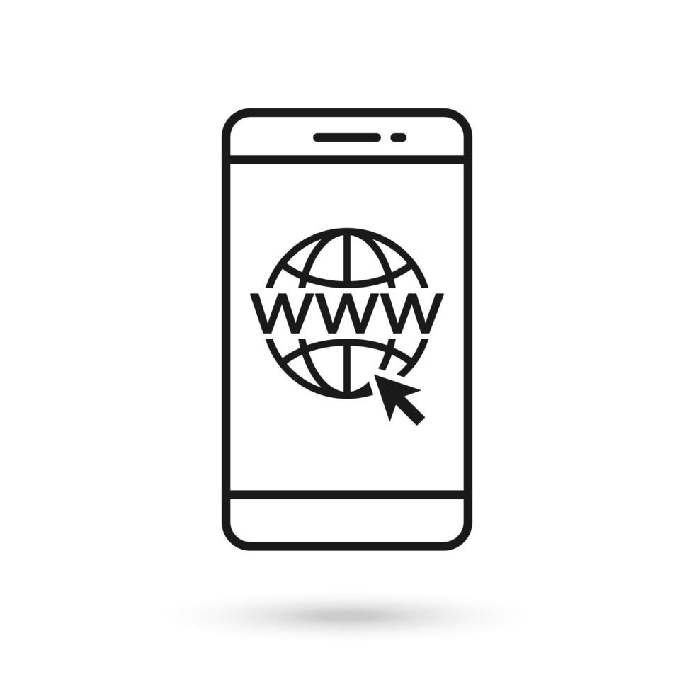 Mobile phone flat design icon with WWW globe sign. vector