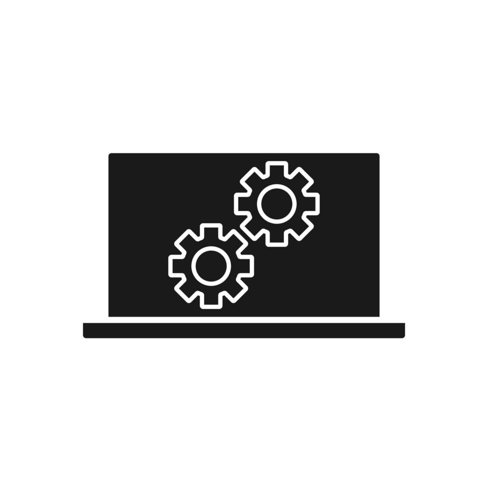 Laptop or pc with gear settings isolated black vector icon. Construction concept.