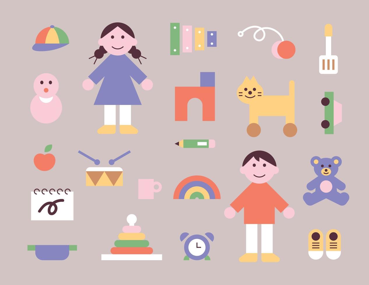 Set of cute children characters and toys icons. vector