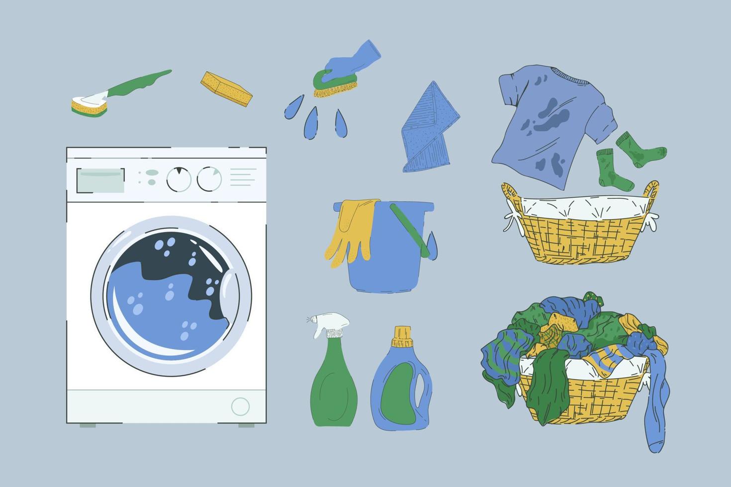 una selección para el lavadero. Lavadora, cestas con ropa sucia. polvos, cepillos, esponjas, baldes, guantes. conjunto de vectores para el diseño de servicio de lavandería y limpieza.
