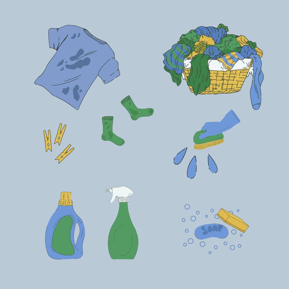 Cartoon set Laundry and cleaning services. A basket of dirty laundry, a T-shirt, socks with stains. Powders, detergents, brushes, rags, sponges, buckets, gloves. For laundry vector