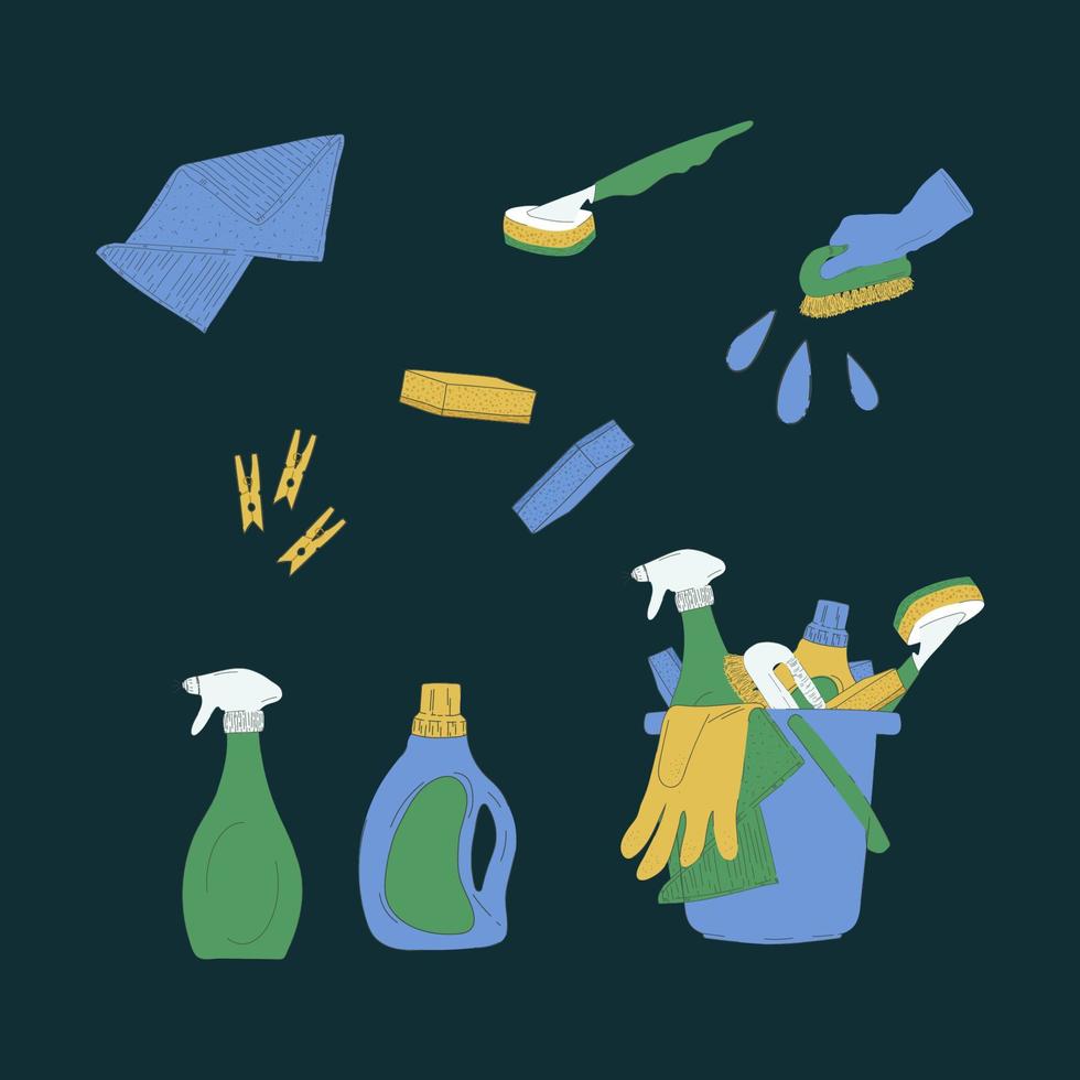 Set of pictures Laundry and cleaning services. Powders, detergents, brushes, rags, sponges, buckets, gloves. Cartoon collection for laundry design and cleaning service. Vector illustration