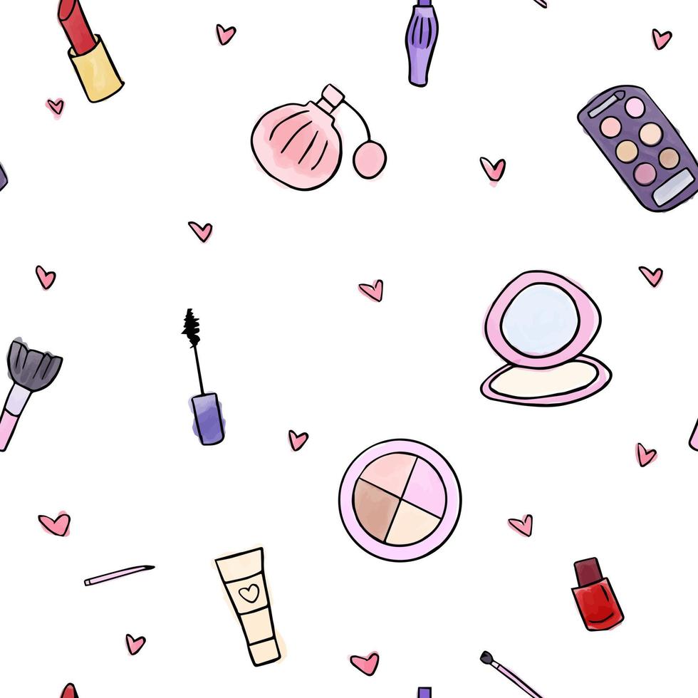 Acuarela de patrones sin fisuras con cosméticos incompletos y corazones vector