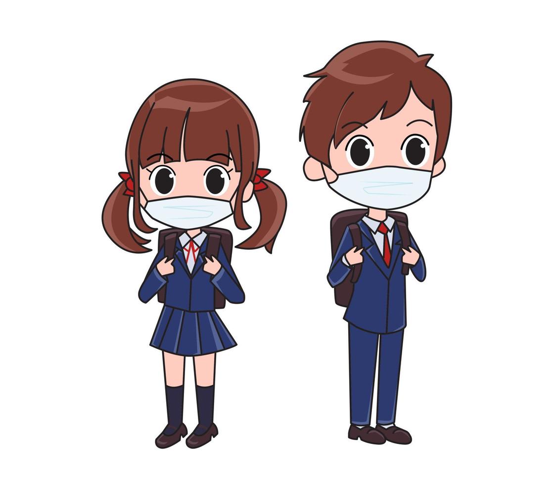 lindo niño y niña con máscara y uniforme escolar japonés yendo a la escuela vector