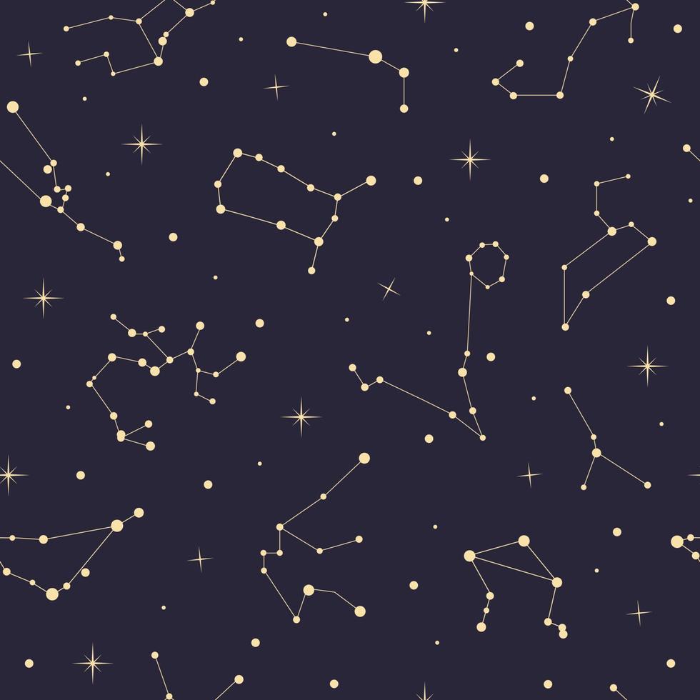 Seamless pattern with flat elegant gold astrology zodiac constellations with stars vector