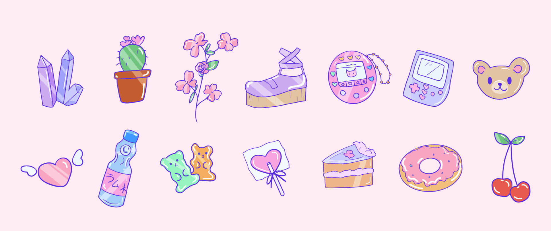 Cute 90s aesthetic girl stuff set. Isolated Japanese kawaii icons ...