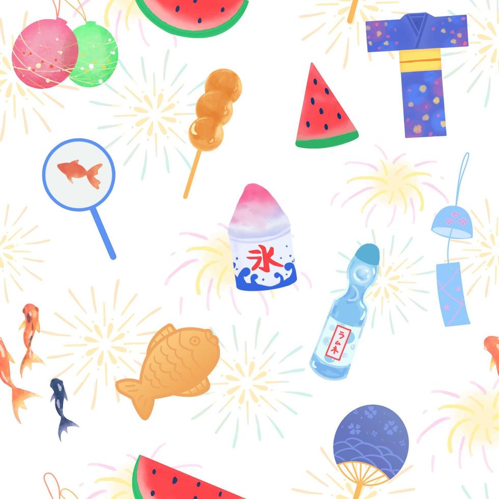Seamless pattern with hand drawn cute Japanese Summer Festival Elements with fireworks vector