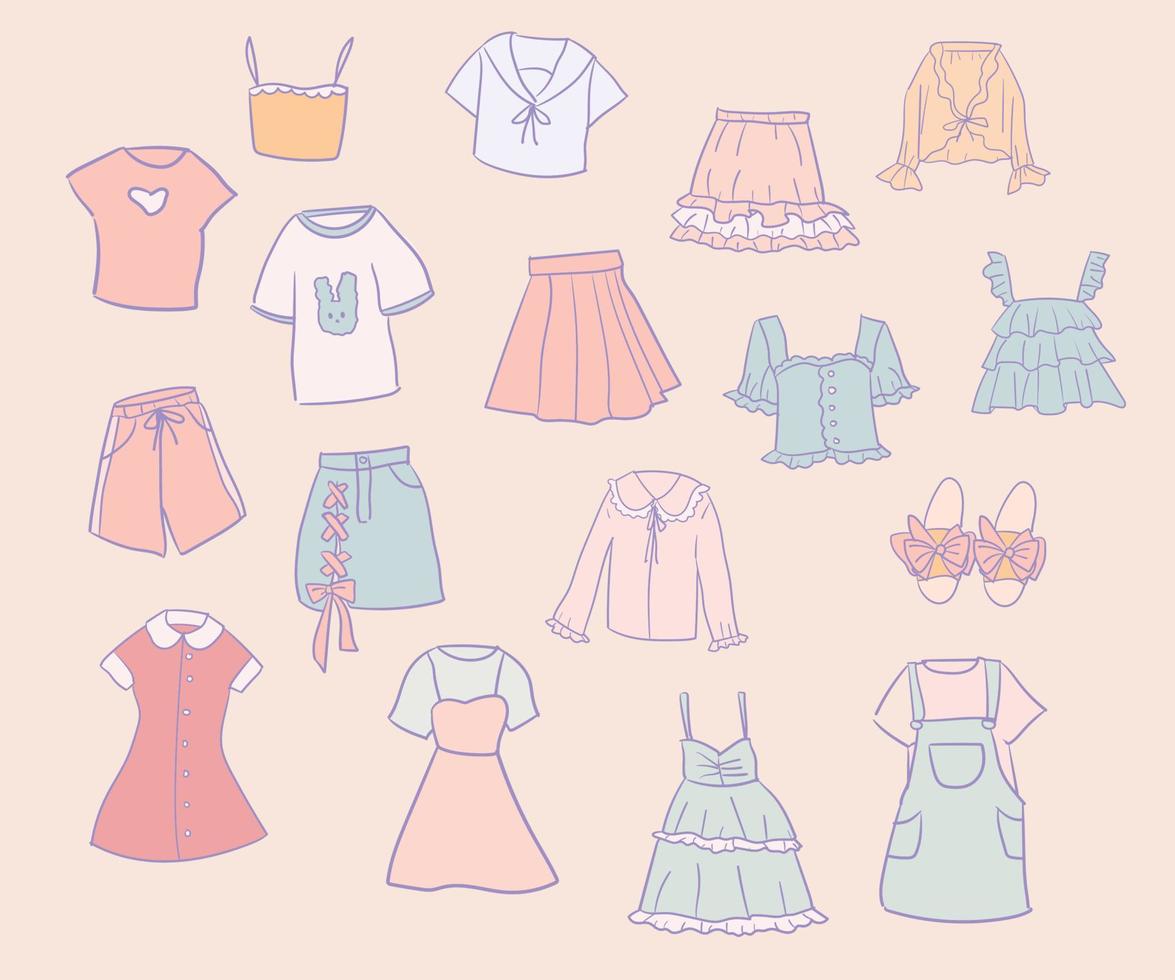 Set of hand-drawn young girl clothes in peach pink and baby blue colors . Cute kawaii girl clothes. Vector EPS 10