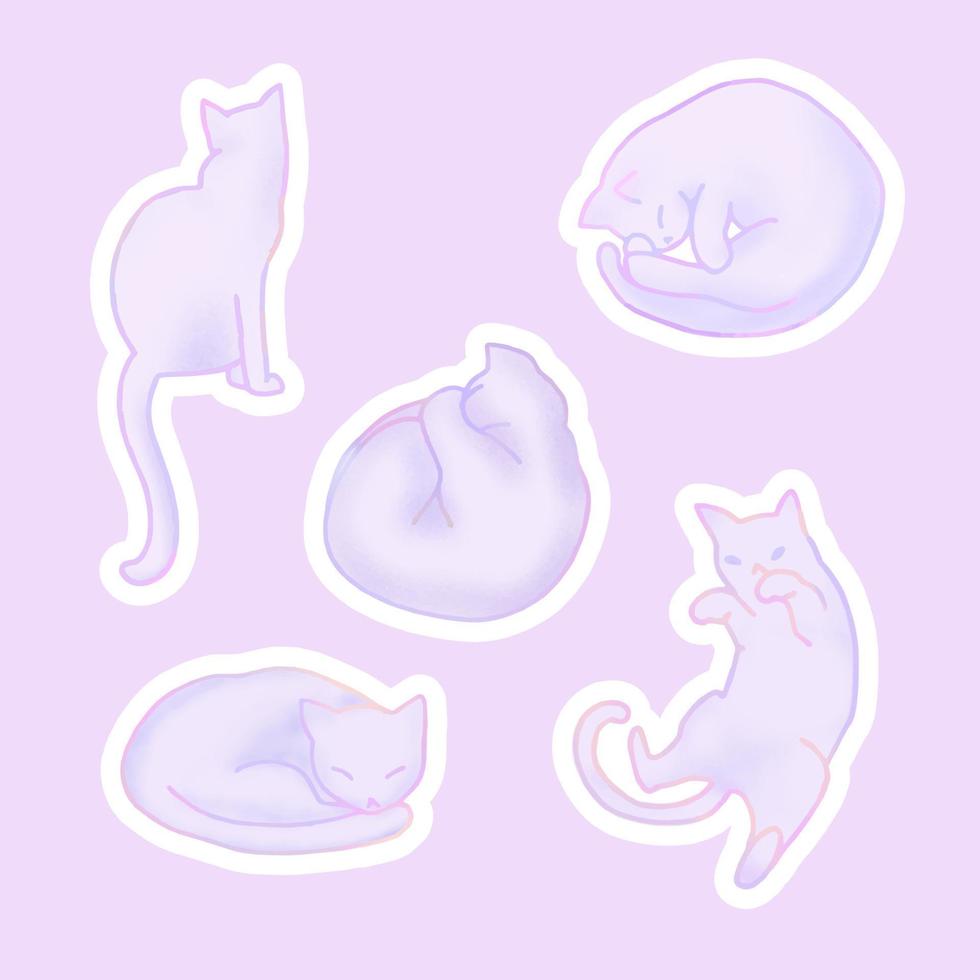 Sticker set of soft cute pastel cats on purple background. Vector EPS 10