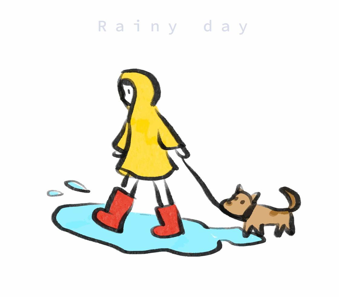 linda chica en impermeable amarillo paseando al perro en un día lluvioso vector
