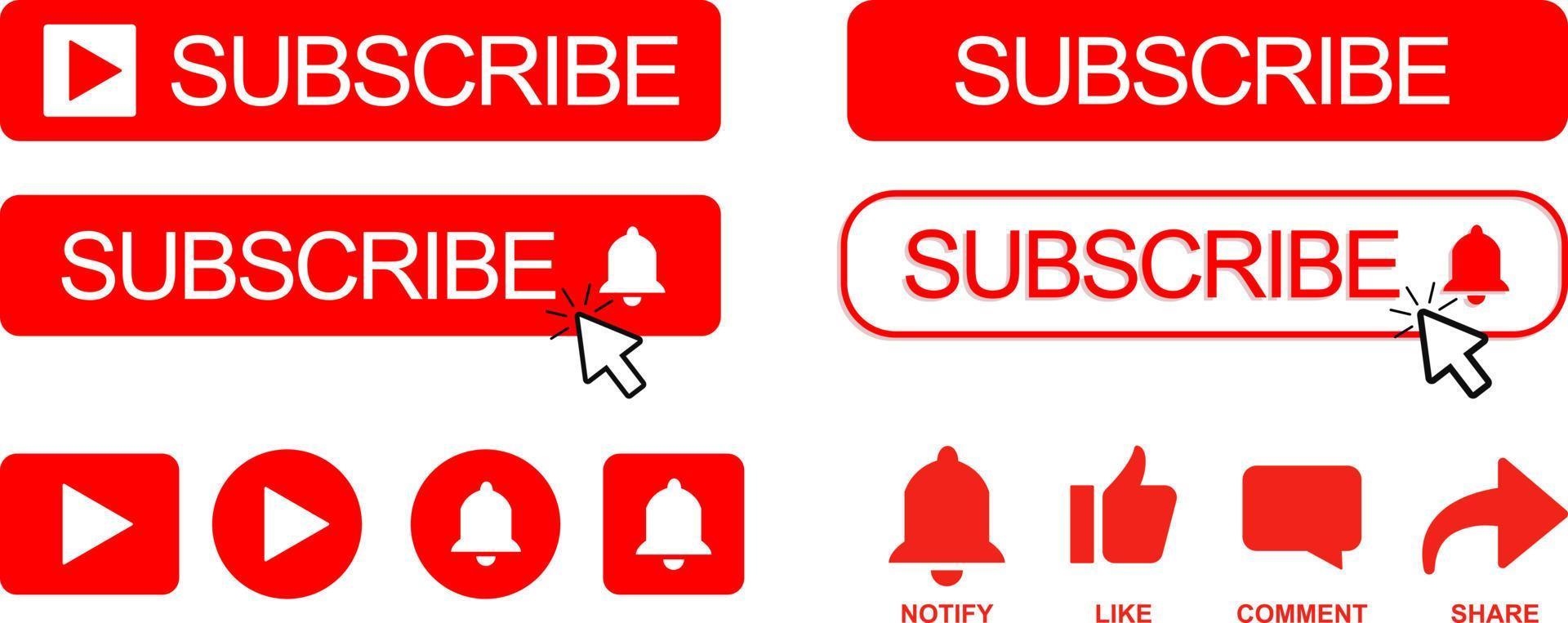 Set of red subscribe buttons with bell and cursor vector