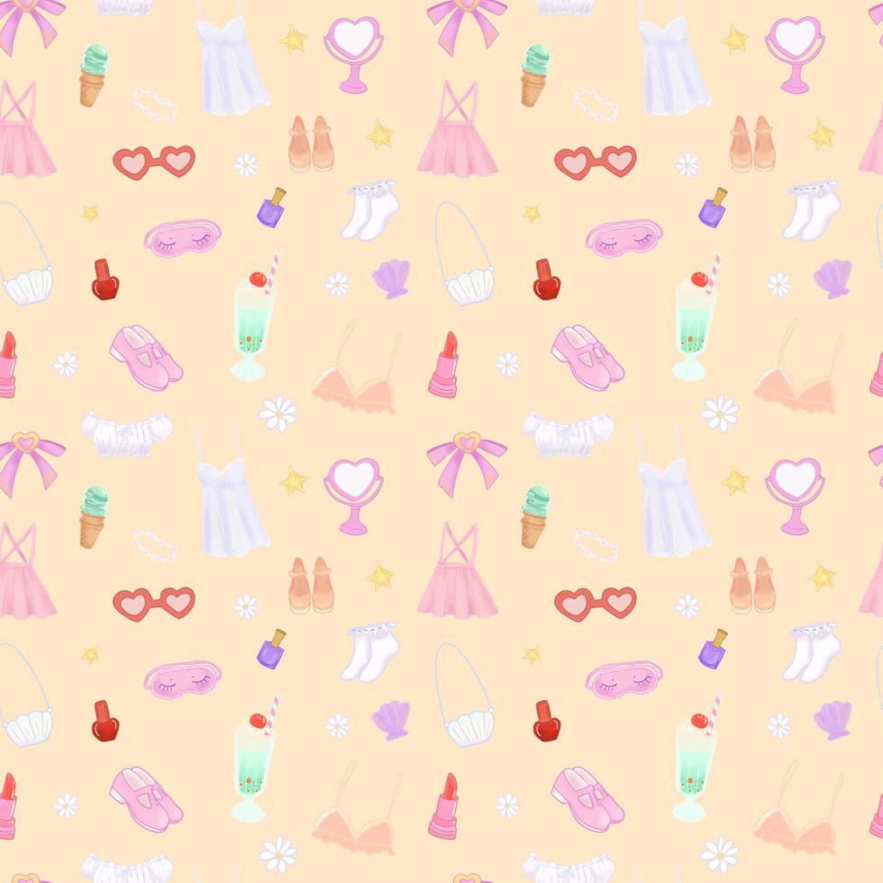 Seamless pattern of 90s summer girl elements. Accessories, fashion, food and cosmetics on yellow background. Vector EPS 10