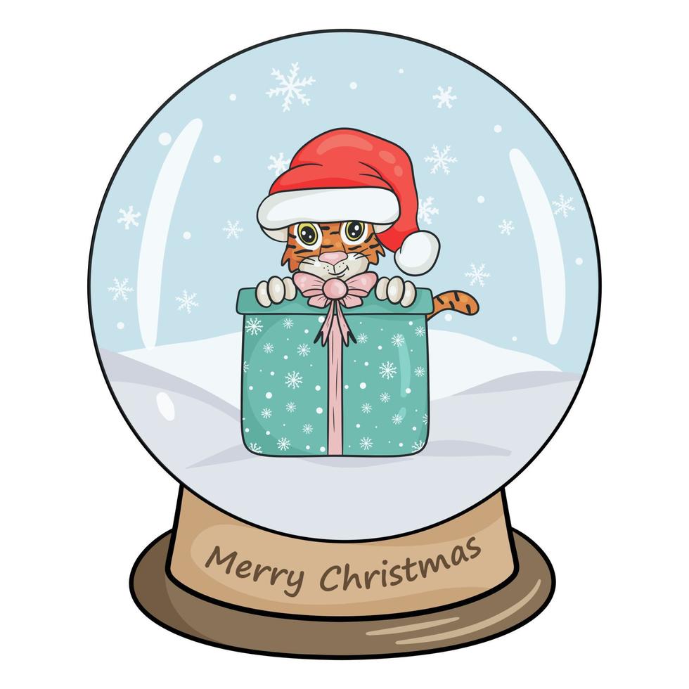 Christmas crystal ball with winter landscape, tiger and gift. Vector illustration isolated white background Cartoon style.