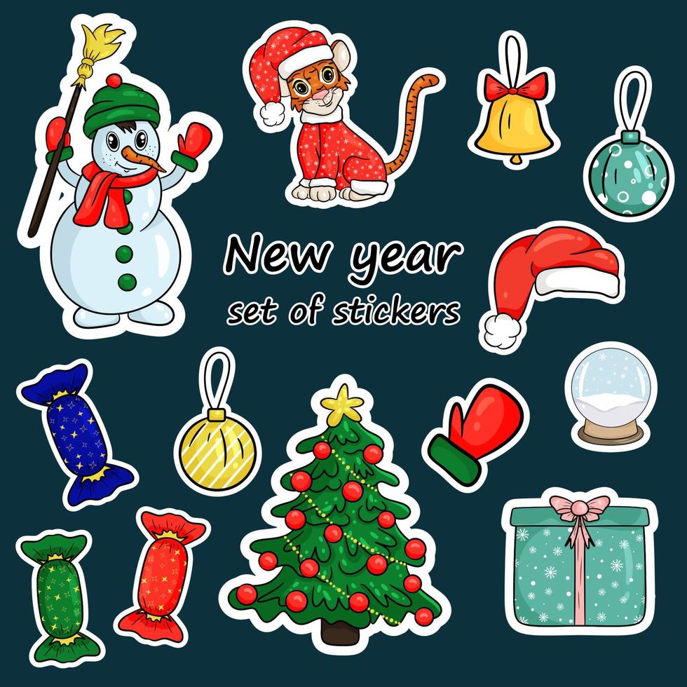 conjunto de pegatinas navideñas, tigre, símbolo del año nuevo chino, muñeco de nieve, árbol de navidad, regalos. Feliz navidad y próspero año nuevo. estilo de dibujos animados de ilustración vectorial 3573740 Vector conjunto de pegatinas navideñas, tigre, símbolo del año nuevo chino, muñeco de nieve, árbol de navidad, regalos. Feliz navidad y próspero año nuevo. estilo de dibujos animados de ilustración vectorial 3573740 Vector