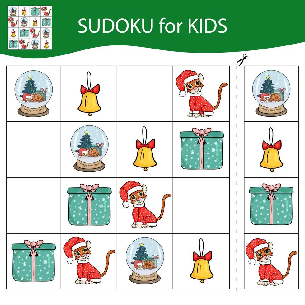 Sudoku game for kids with pictures. Merry Christmas and Happy New Year. The tiger is a symbol of the Chinese New Year with Christmas elements. Vector. vector