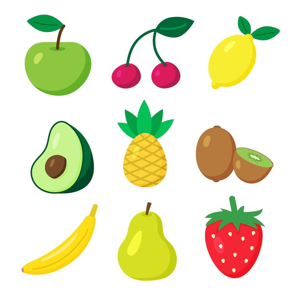 Set of vector fruits and berries. Cartoon flat style. Apple, cherry, lemon, avocado, pineapple, kiwi, banana, pear and strawberry. Print for recipes, restaurant, supermarket, market place. Vegan food