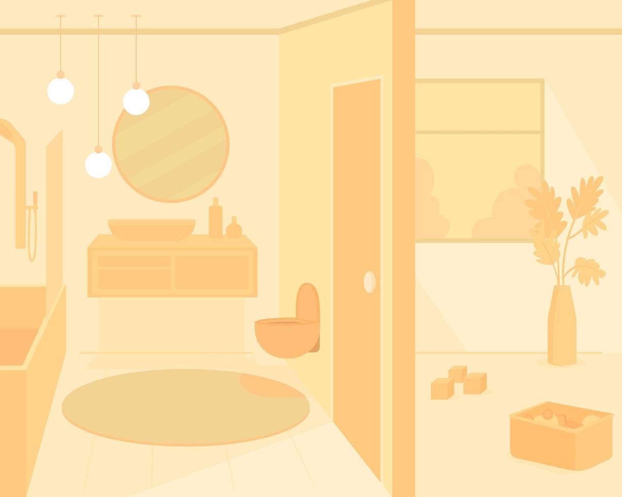 Ilustración de vector de color plano de baño monocromo naranja. Mobiliario moderno en baño de casa. Espacio comfrotable del apartamento. Interior de dibujos animados 2d del hogar con muebles modernos en el fondo