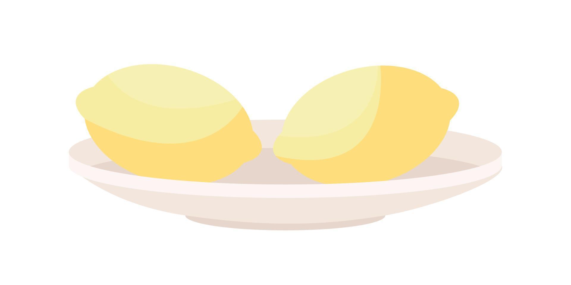 Whole lemons on plate semi flat color vector object. Full realistic item on white. Recipe ingredient. Fresh citric fruits isolated modern cartoon style illustration for graphic design and animation