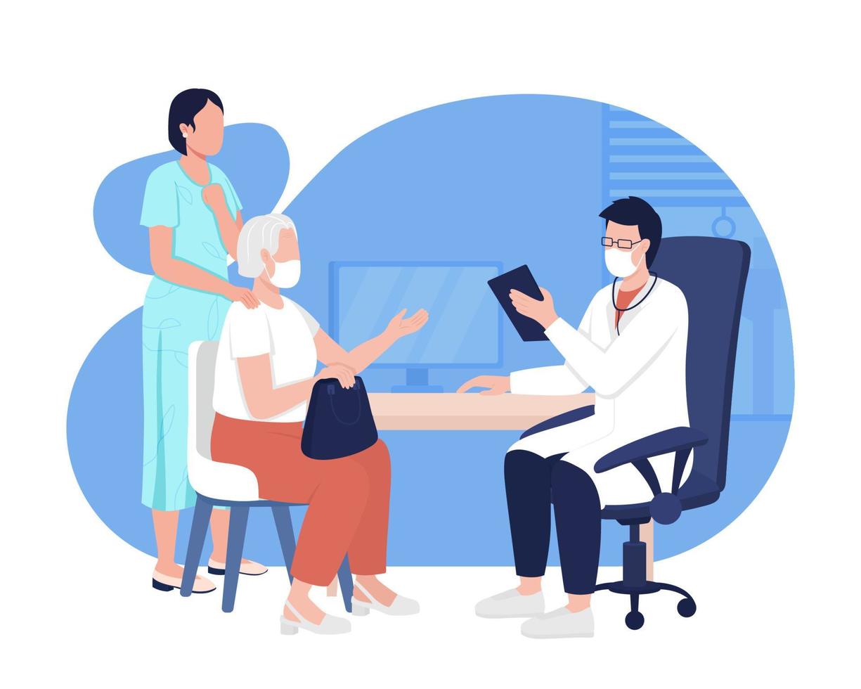 Doctor consultation 2D vector isolated illustration. Visit to physician. Health diagnostics. General practitioner with patients flat characters on cartoon background. Medical care colourful scene