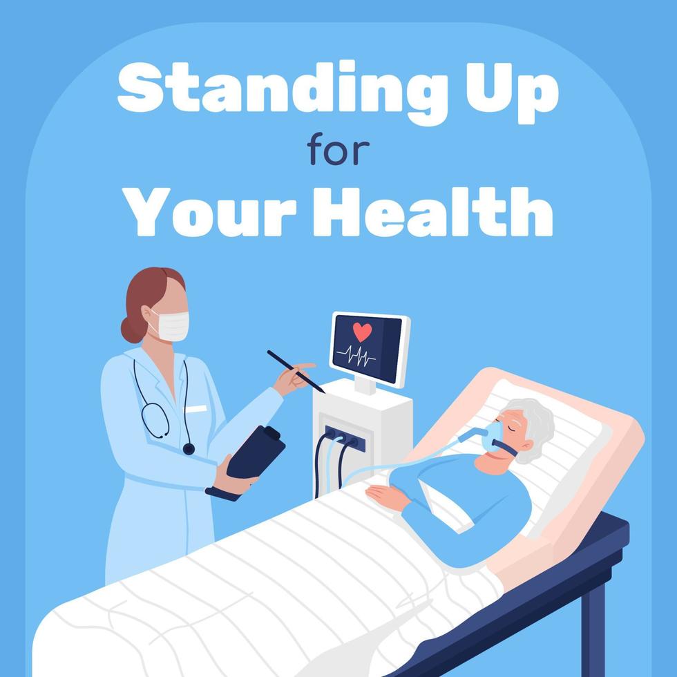 Hospital treatment social media post mockup. Standing up for your health phrase. Web banner design template. Health booster, content layout with inscription. Poster, print ads and flat illustration vector