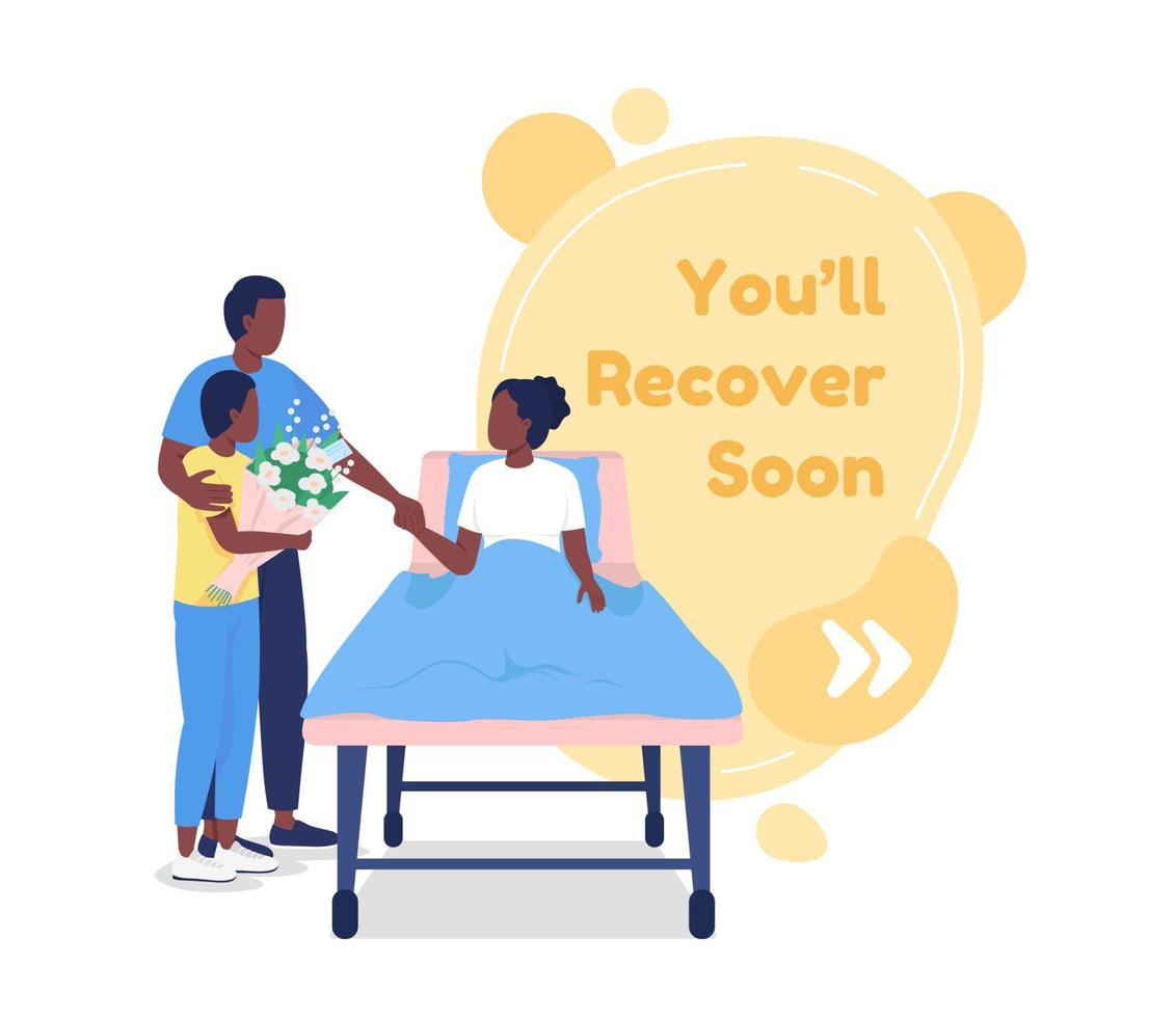 Recover soon vector quote box with flat character. Family visiting patient. Health care in hospital. Speech bubble with cartoon illustration. Colourful quotation design on white background