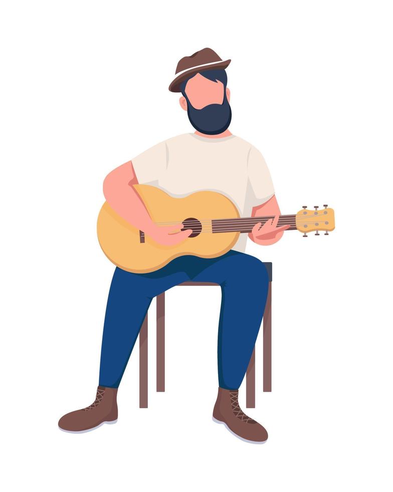 Man with guitar semi flat color vector character. Sitting figure. Full body person on white. Musician performing isolated modern cartoon style illustration for graphic design and animation