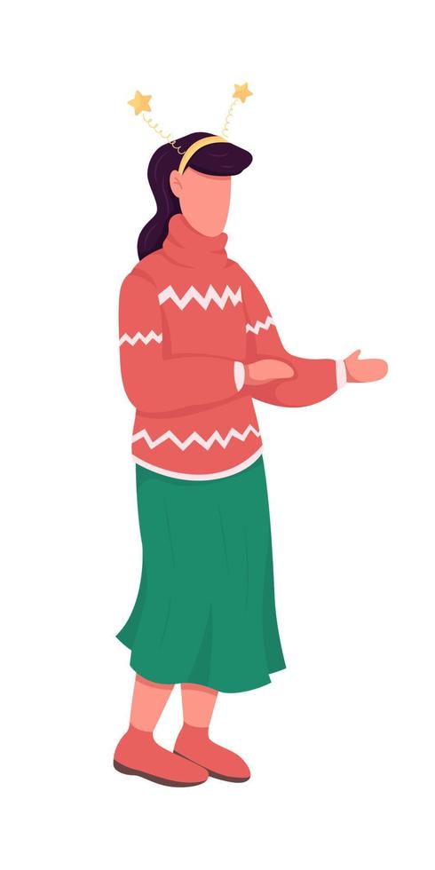 Woman in Xmas sweater semi flat color vector character. Standing figure. Full body person on white. Christmas party isolated modern cartoon style illustration for graphic design and animation
