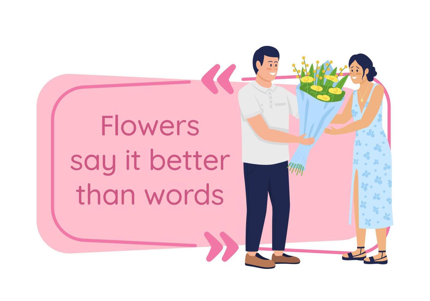 Gifting bouquet vector quote box with flat character. Romantic present. Flower say it better than words. Speech bubble with cartoon illustration. Colourful quotation design on white background